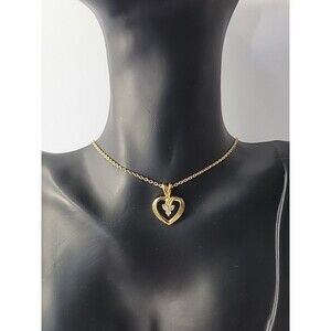Vintage Heart Pendant Gold Tone White Crystals Necklace Dainty Gift